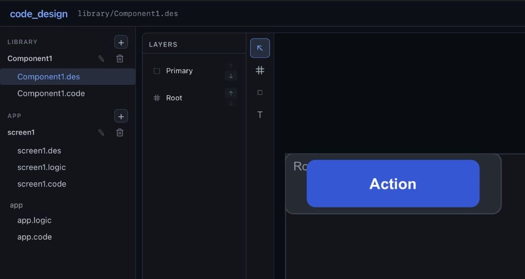 code_design prototype IDE: file tree with .des and .code files, layers panel, and canvas preview of a primary button